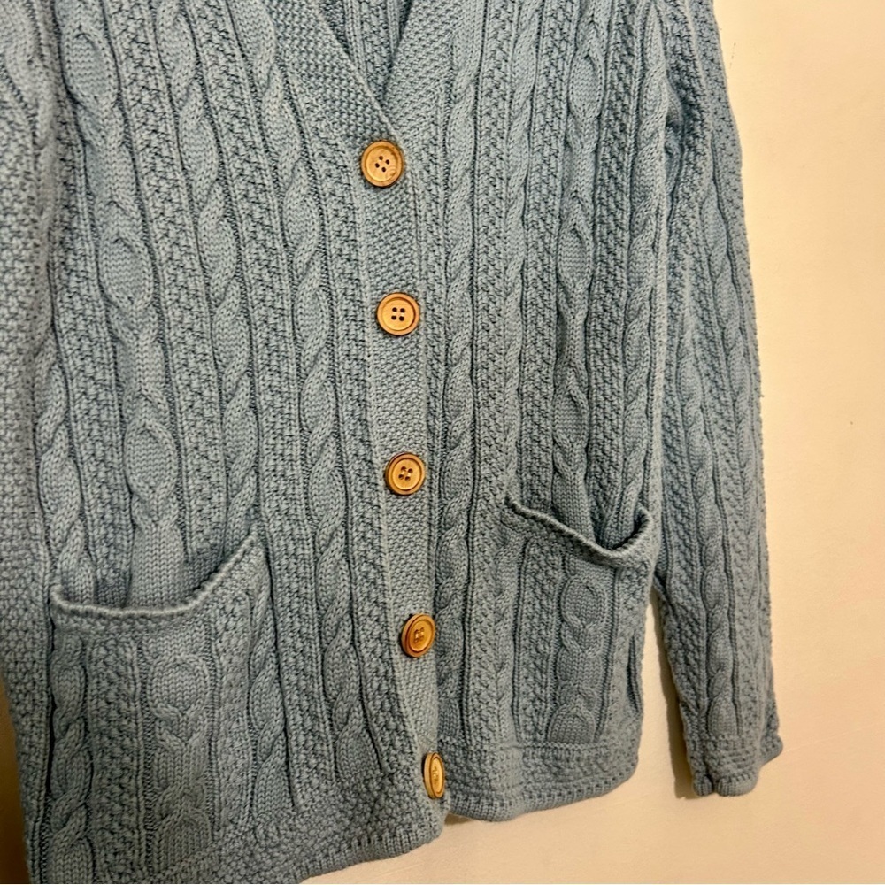 L.L. Bean Button Down Cable Knit Cotton Blue Cardigan SIZE MEDIUM - Picture 4 of 5